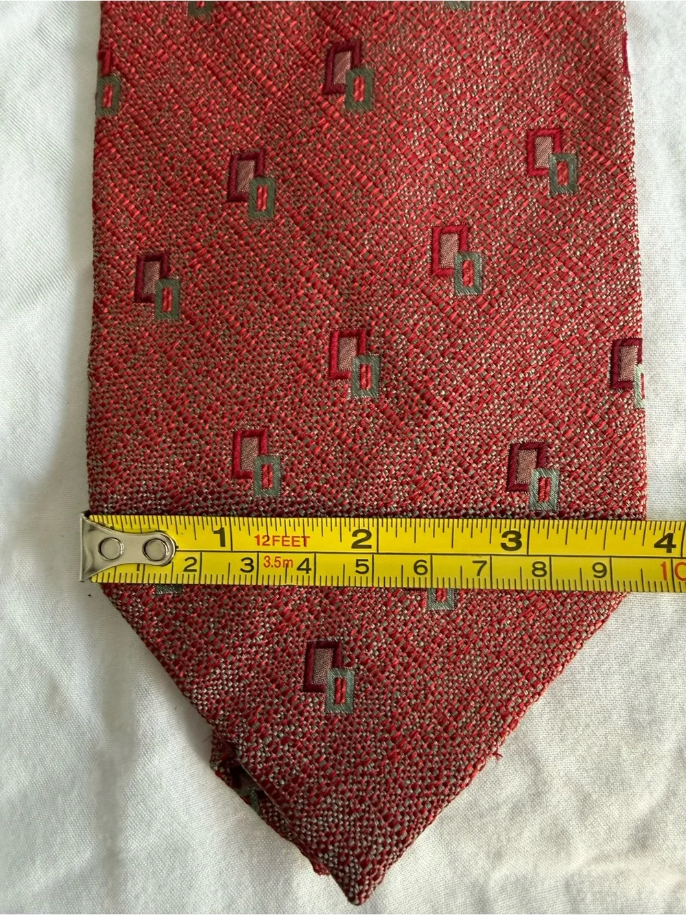 PAVONE Luxury Silk Tie Red Woven Micro-Texture Geometric Italian 3.75” x 58”
